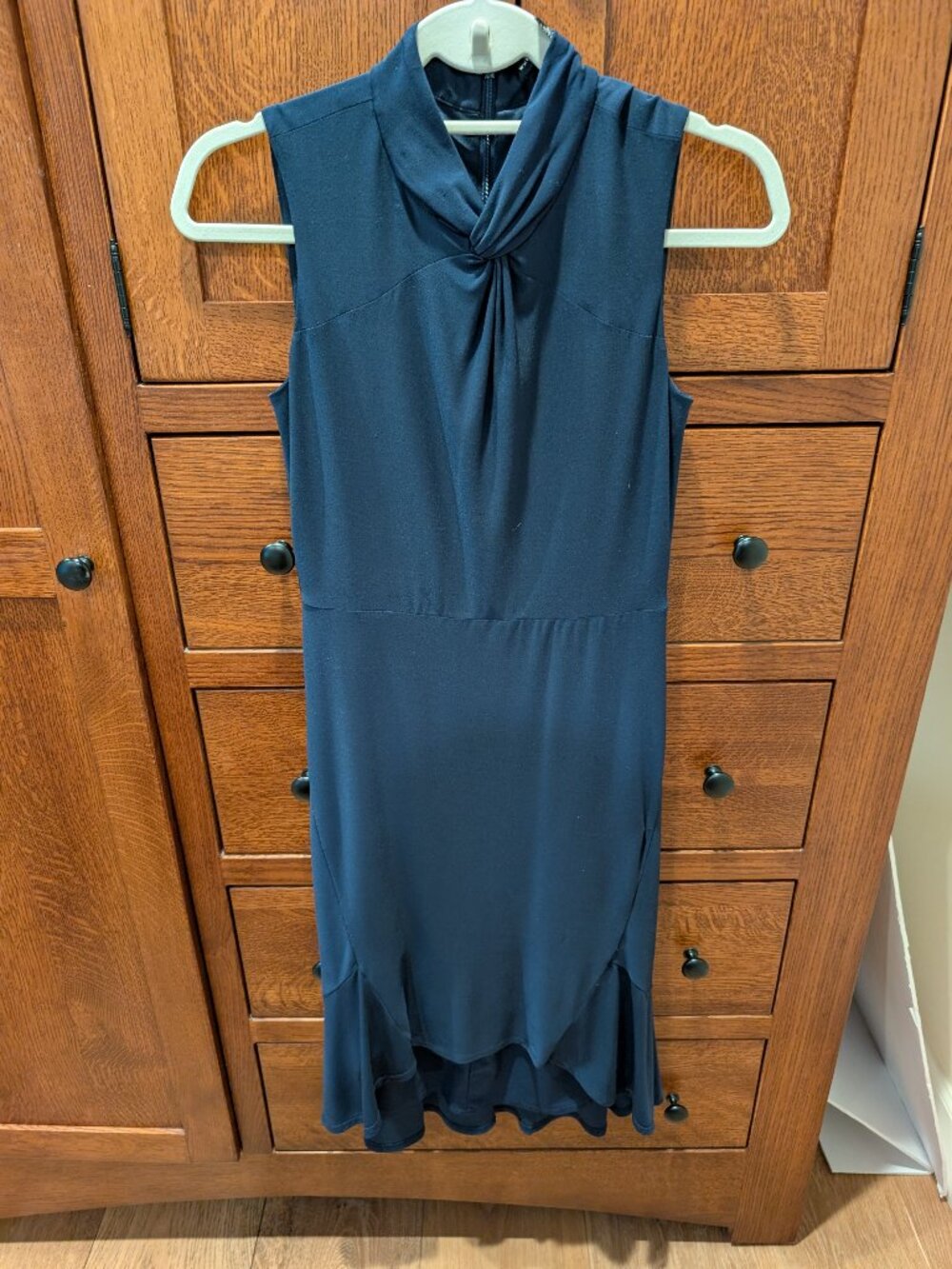 White House Black Market Dress Navy Blue Twist Neck High Low Flounce Size 0